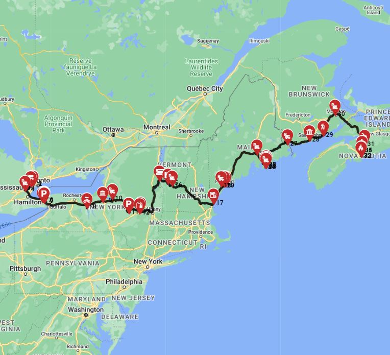 Map for Toronto to Halifax - Through the USA